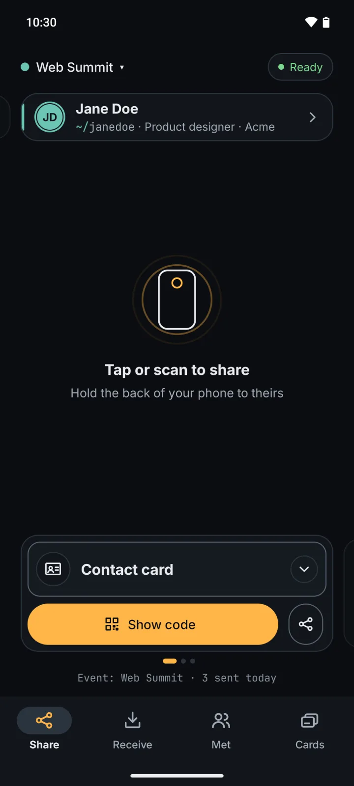 Tap phone to phone: the Web Summit card sharing the contact card, "Tap or scan to share", "Event: Web Summit · 3 sent today"