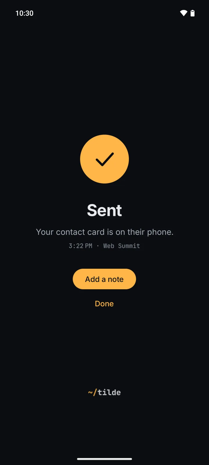 Sent: "Your contact card is on their phone", with Add a note