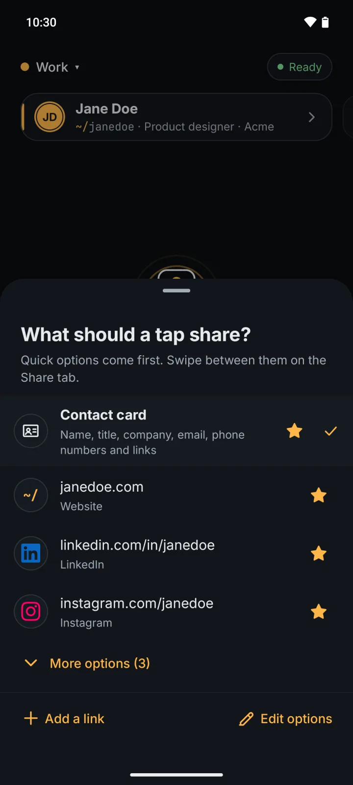 Choose what a tap shares: the option card's list open on Share ("What should a tap share?"): contact card (chosen), website, LinkedIn, Instagram, starred as quick options. No code showing