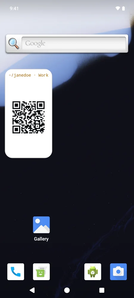 O widget Código QR da Tilde num ecrã principal, com o código do cartão Trabalho de Jane Doe